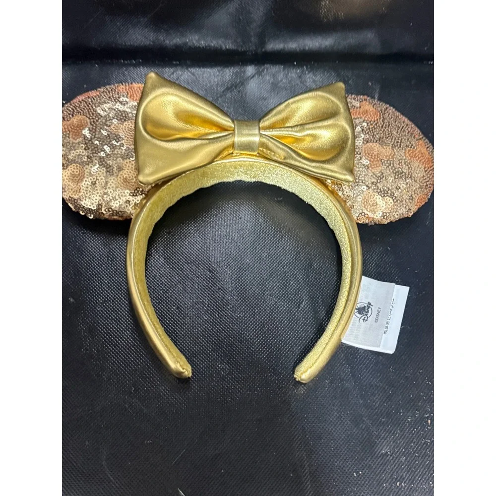 Disney Parks Minnie Mouse Ears Headband Rose Gold Sequin Gold Bow Hidden Mickey